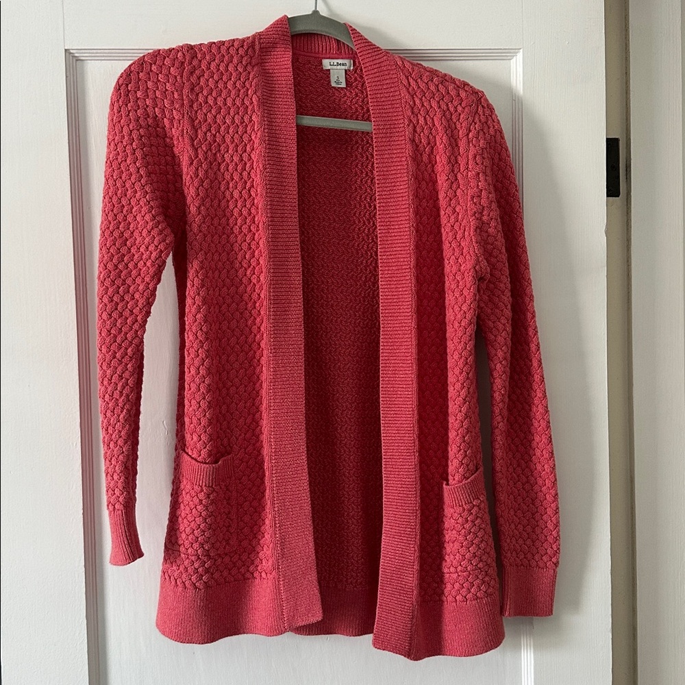 LLBean Women's basketweave Cardigan Sweater 100% cotton, pink Cable Knit